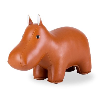 Braune Nilpferd Buchstütze von Züny, dekorative Tierfigur aus Kunstleder für Kinderzimmer und Bücherregal.